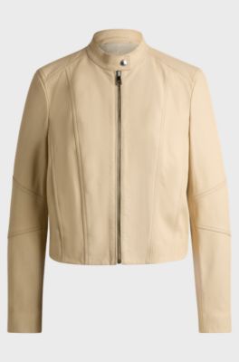 Regular-fit jacket in grained leather, Light Beige