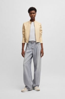 Regular-fit jacket in grained leather, Light Beige