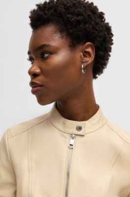 Regular-fit jacket in grained leather, Light Beige