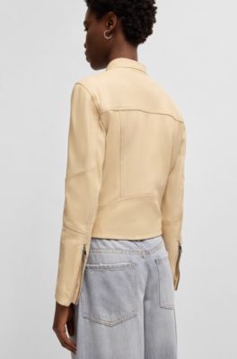 Regular-fit jacket in grained leather, Light Beige