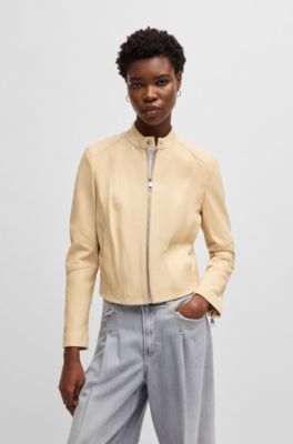 Regular-fit jacket in grained leather, Light Beige