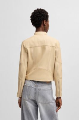 Regular-fit jacket in grained leather, Light Beige