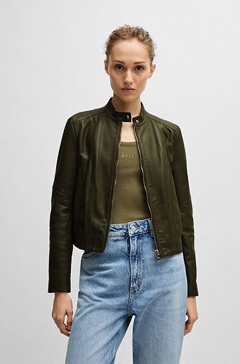 Regular-fit jacket in grained leather, Dark Green