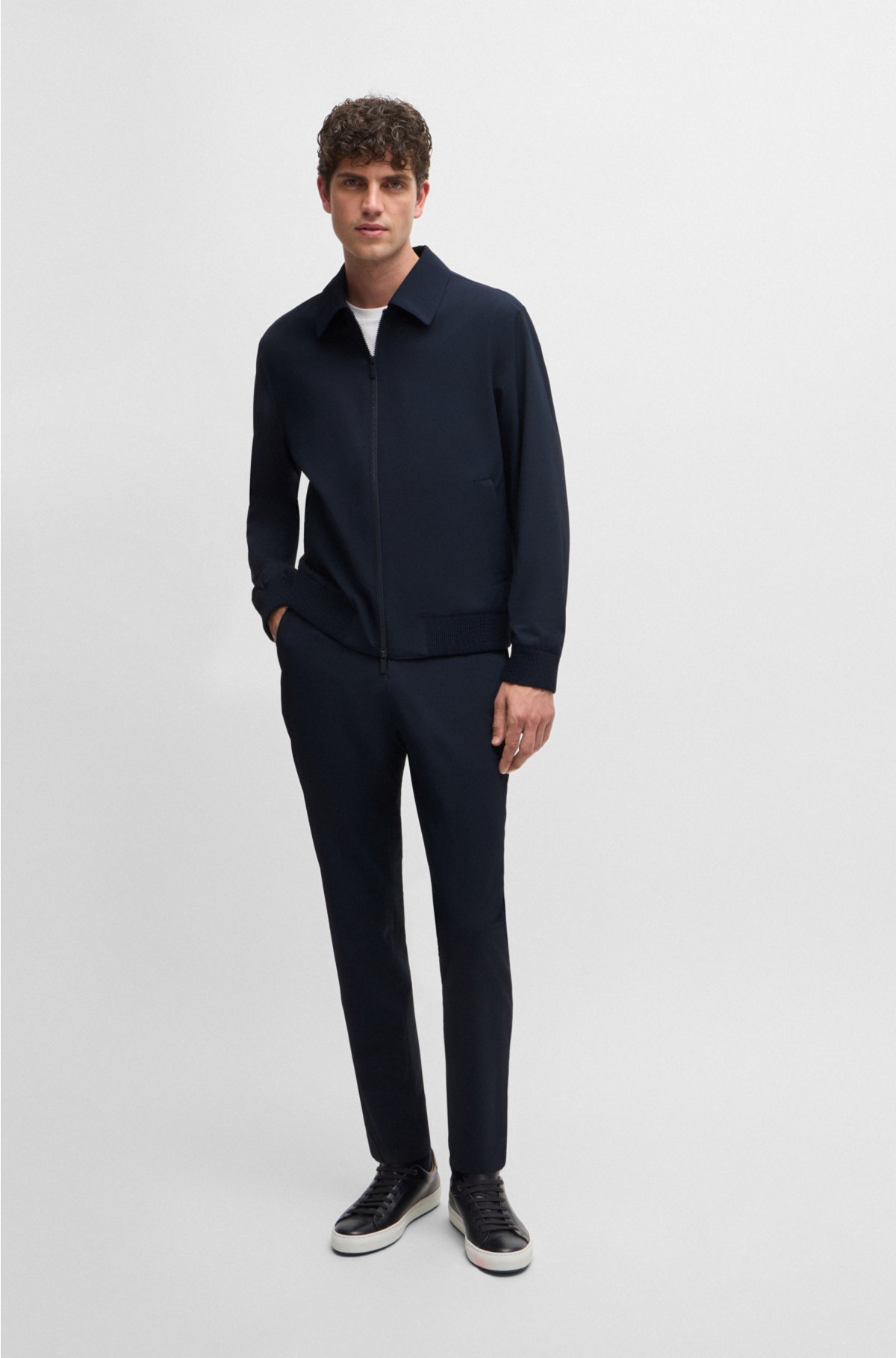 Relaxed-fit zip-up hoodie in stretch twill, Dark Blue