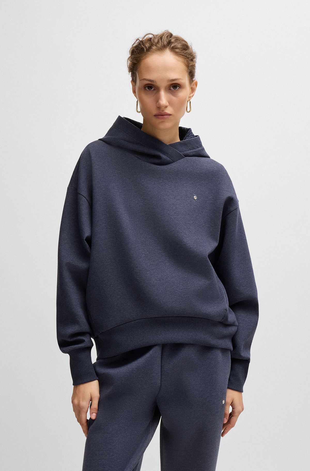 Melange-cotton hoodie with Double B monogram, Dark Blue