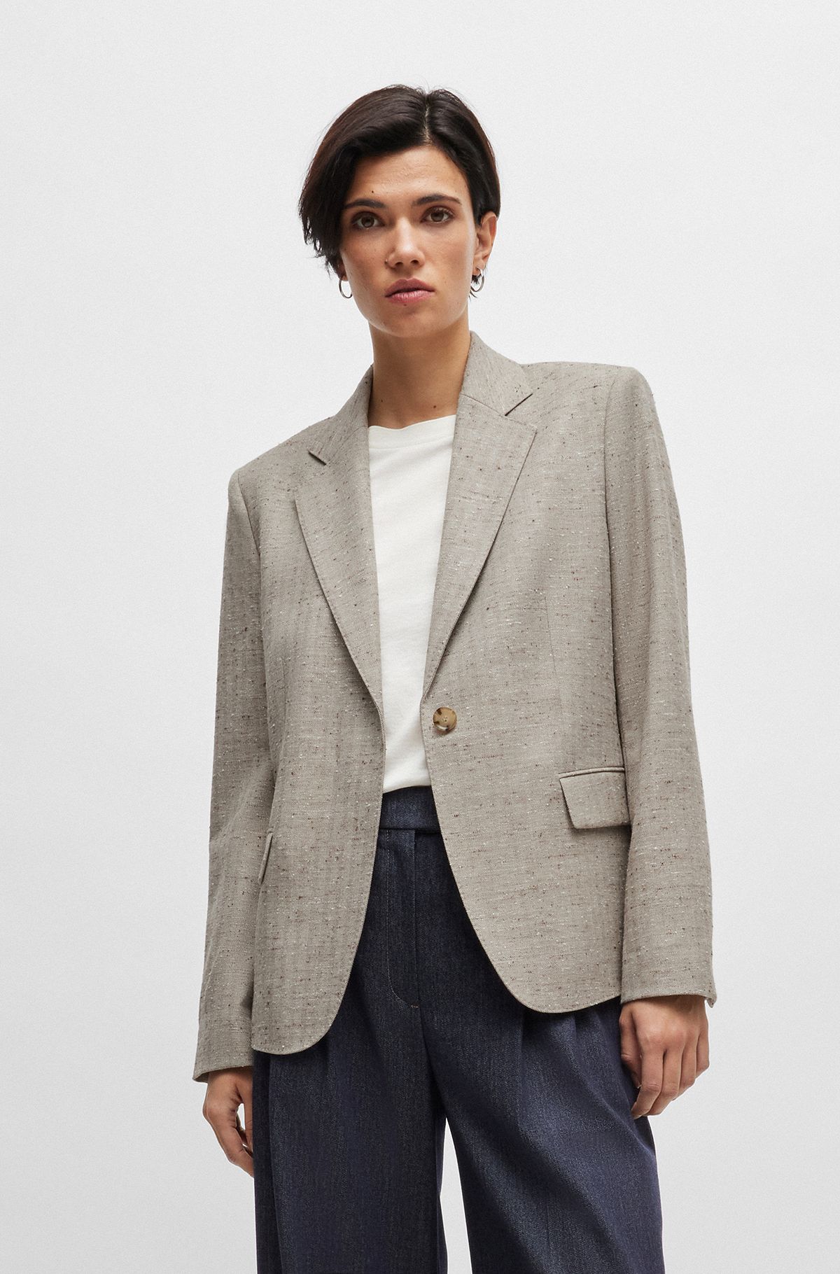 Regular-fit jacket in a herringbone wool blend, Beige Patterned