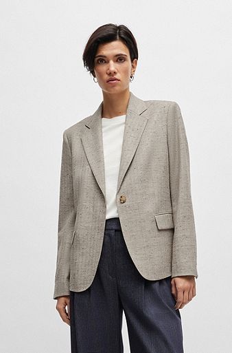 Regular-fit jacket in a herringbone wool blend, Beige Patterned