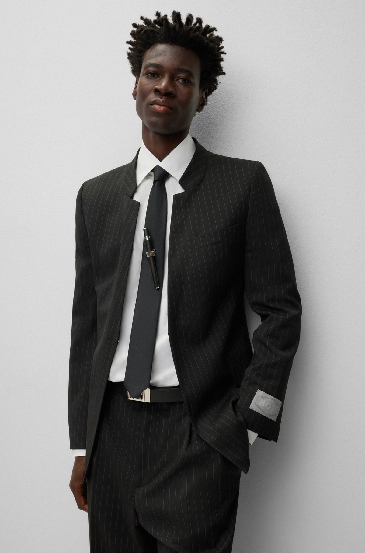 Regular-fit, wool-blend pinstriped blazer, Black