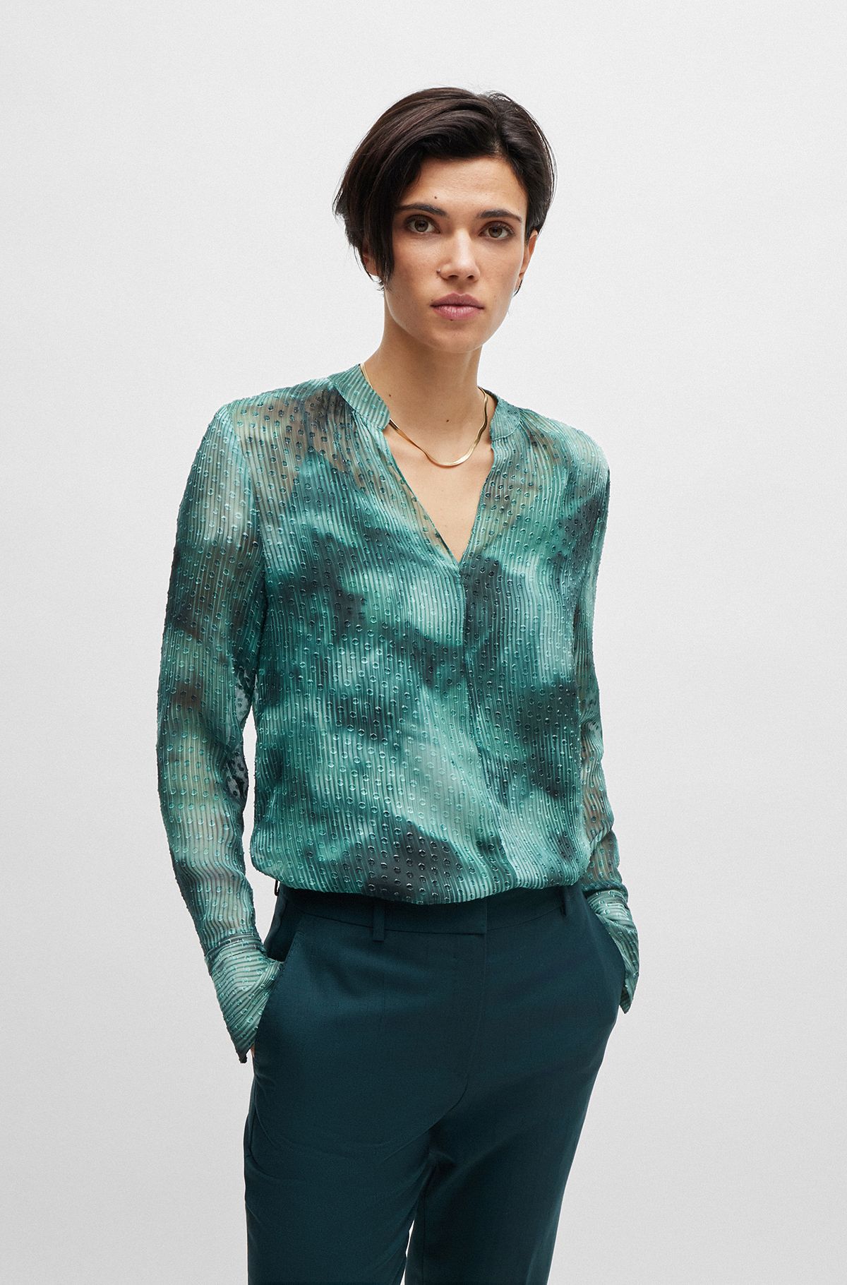 Silk-blend blouse with seasonal print, Patterned