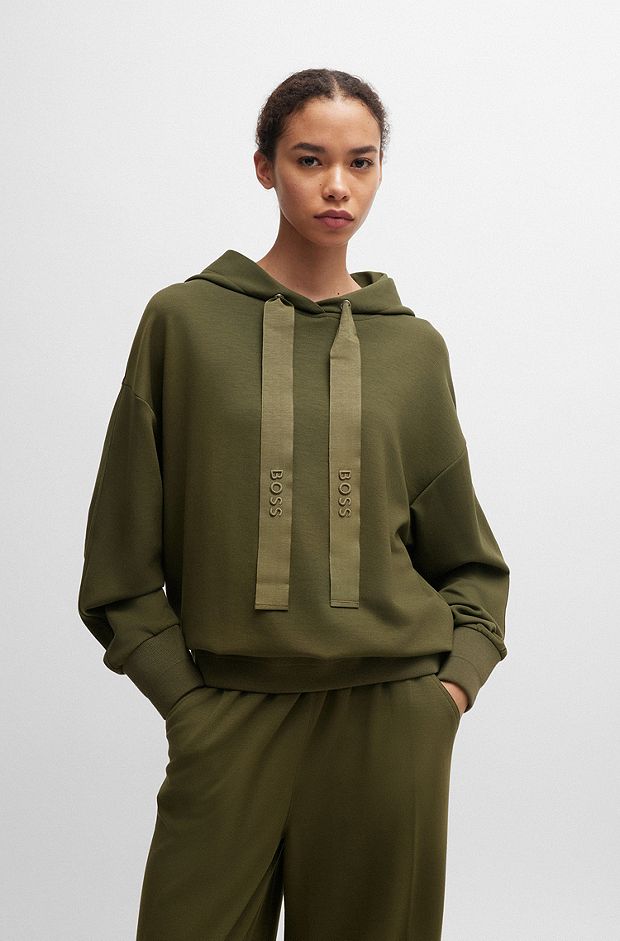 Relaxed-fit hoodie with logo-embroidered grosgrain ribbons, Dark Green