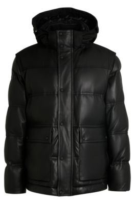 Leather puffer jacket with detachable sleeves and hood, Black