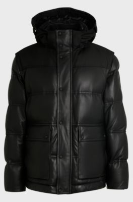 Leather puffer jacket with detachable sleeves and hood, Black