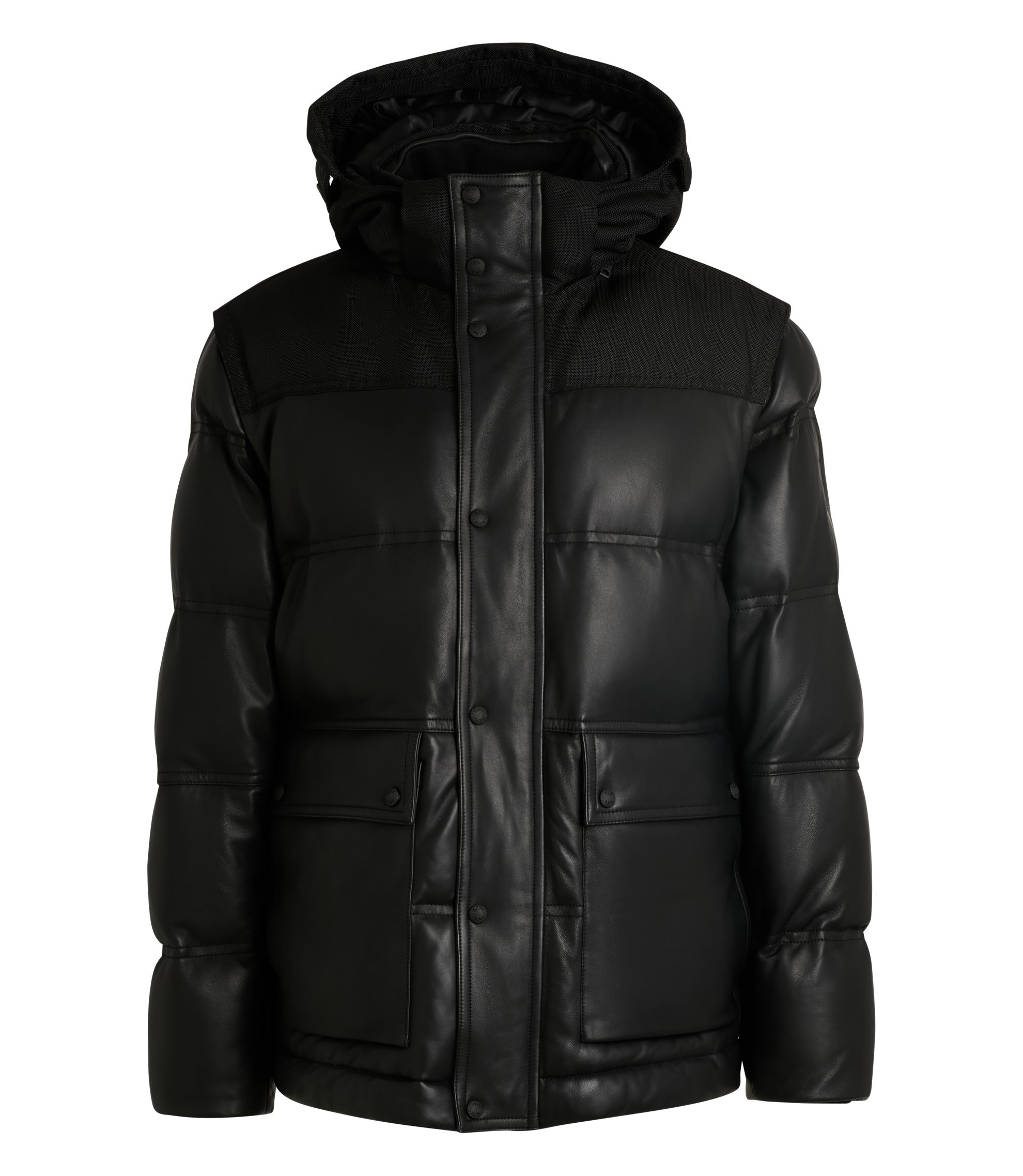 BOSS - Leather puffer jacket with detachable sleeves and hood - Black