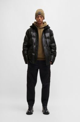 Leather puffer jacket with detachable sleeves and hood, Black