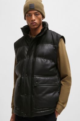 Leather puffer jacket with detachable sleeves and hood, Black
