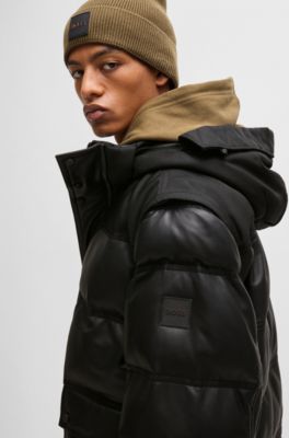 Leather puffer jacket with detachable sleeves and hood, Black