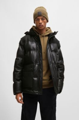 Leather puffer jacket with detachable sleeves and hood, Black