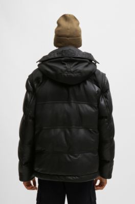 Leather puffer jacket with detachable sleeves and hood, Black