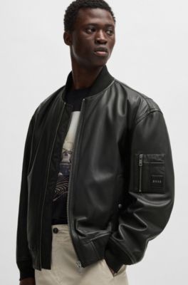 BOSS Relaxedfit leather jacket with branded sleeve pocket