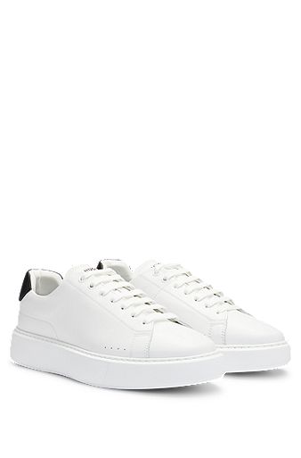 Leather lace-up trainers with contrast branded backtab, White