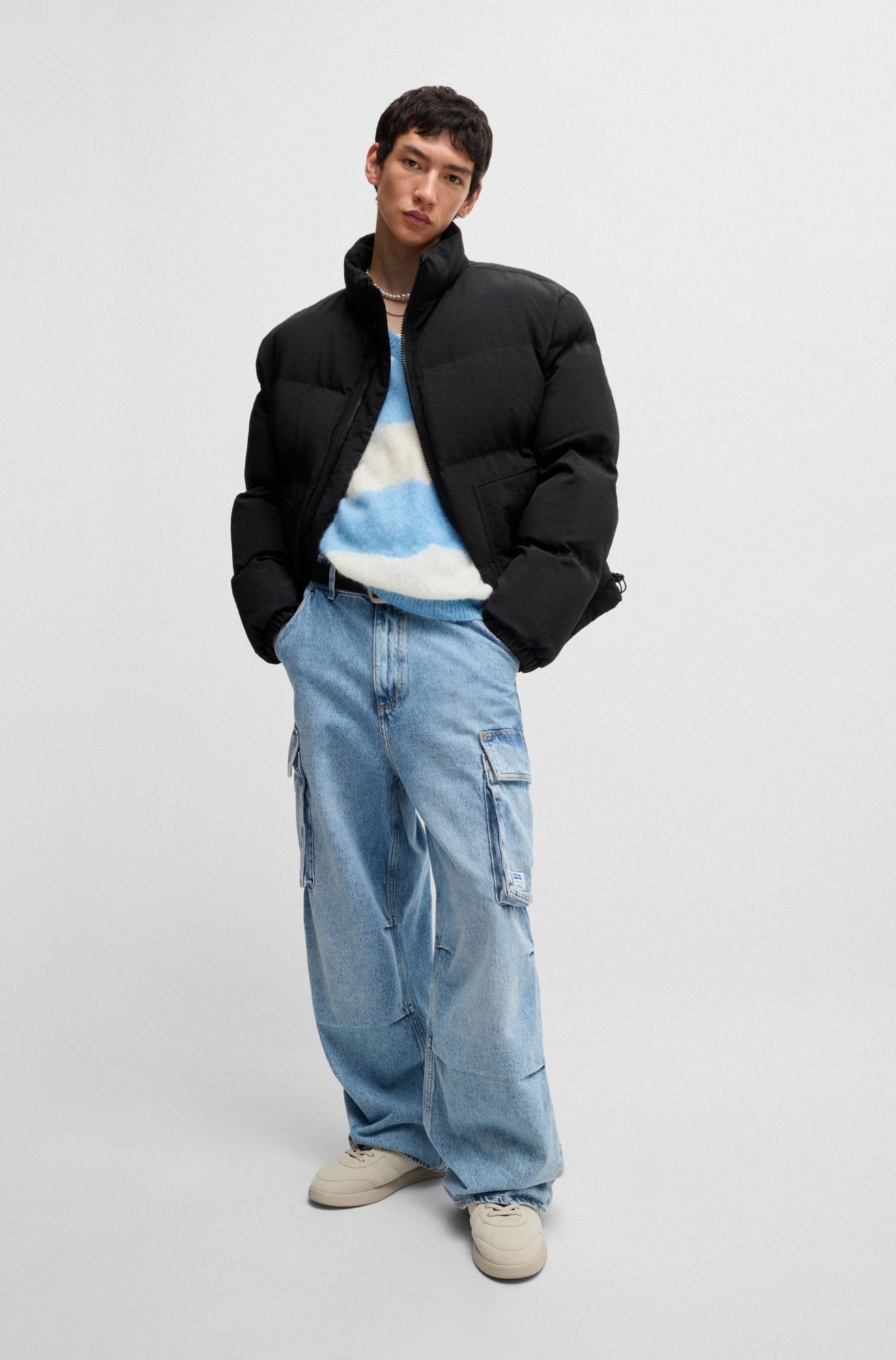 Wasserabweisende Regular-Fit Steppjacke mit Logo-Label, Schwarz