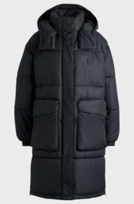 Long padded jacket with detachable hood, Black