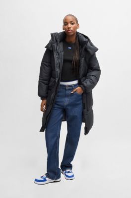 Long padded jacket with detachable hood, Black
