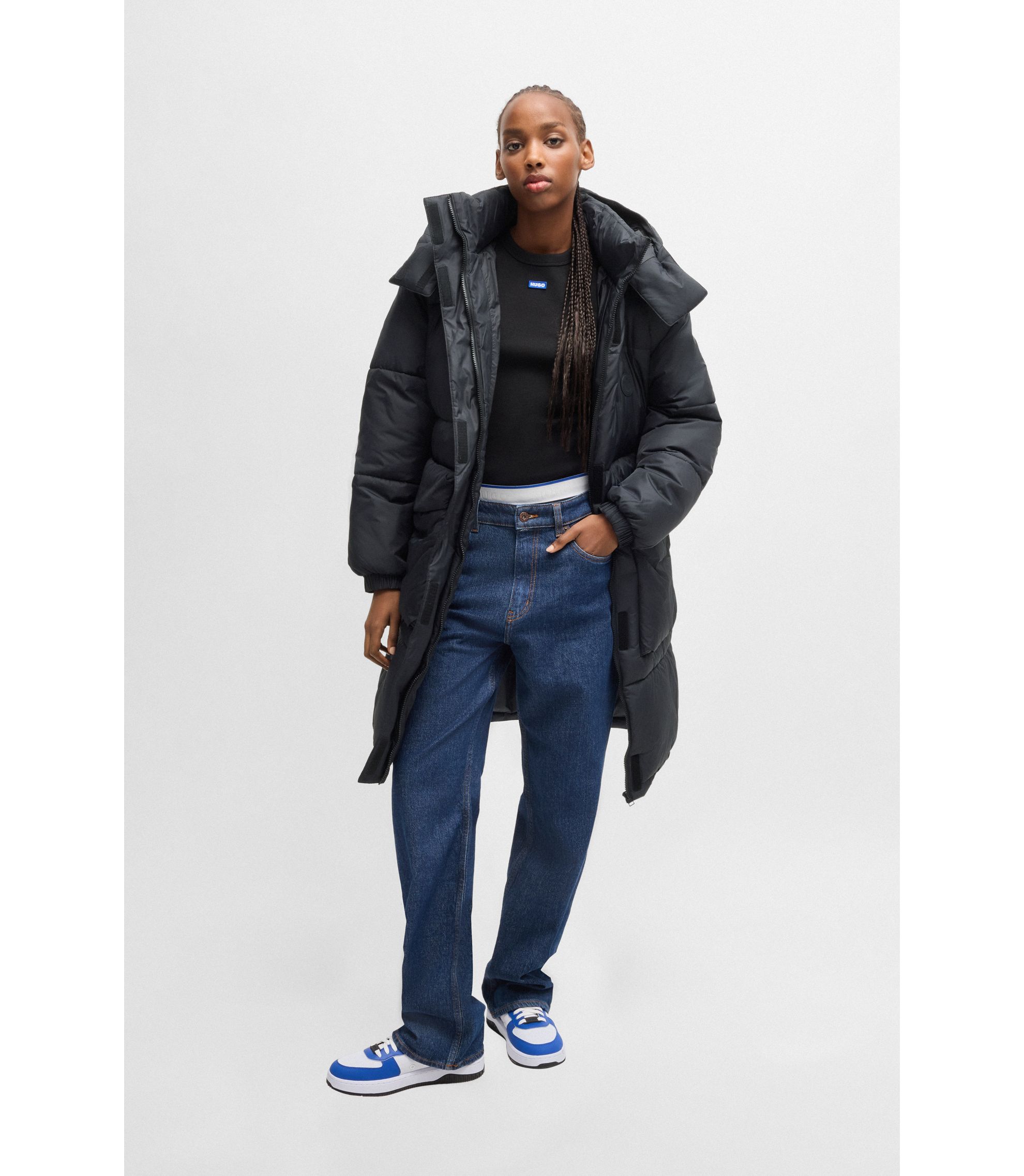 HUGO - ロングパデッドコート デタッチャブルフード - ブラック