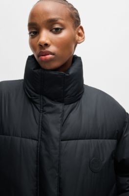 Long padded jacket with detachable hood, Black