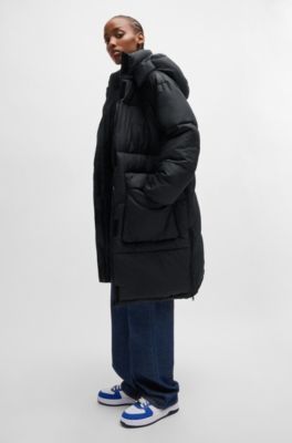 Long padded jacket with detachable hood, Black