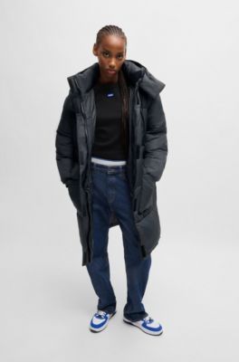 Long padded jacket with detachable hood, Black