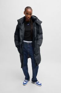 Long padded coat with detachable hood, Black