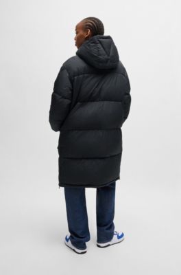 Long padded jacket with detachable hood, Black