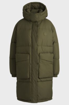 Long padded jacket with detachable hood, Dark Green