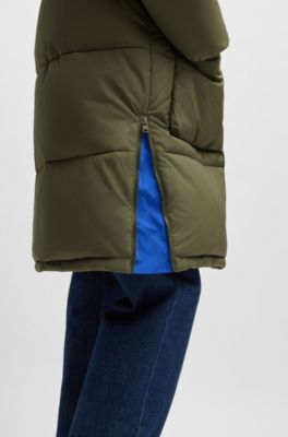 Long padded jacket with detachable hood, Dark Green