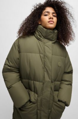 Long padded jacket with detachable hood, Dark Green