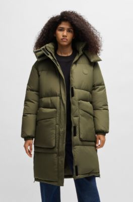 Long padded jacket with detachable hood, Dark Green
