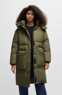 Cappotto lungo imbottito con cappuccio rimovibile, Verde scuro