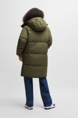 Long padded jacket with detachable hood, Dark Green