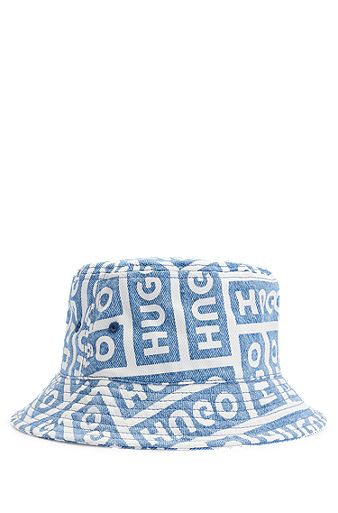 Cotton-denim bucket hat with lasered logos, Dark Blue