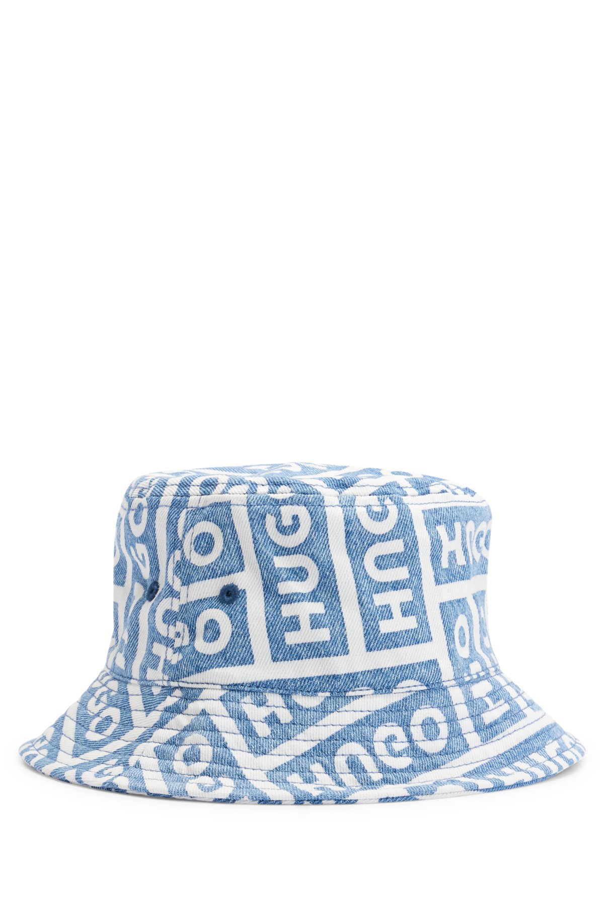 Cotton-denim bucket hat with lasered logos, Dark Blue