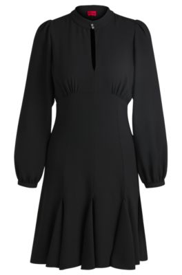 Crepe dress with buttoned stand collar, Black