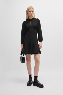 Crepe dress with buttoned stand collar, Black