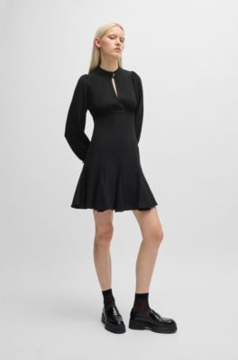 Crepe dress with buttoned stand collar, Black