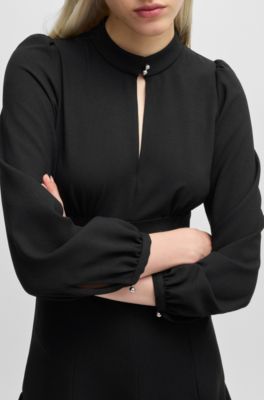 Robe en cr&ecirc;pe &agrave; col mao boutonn&eacute;, Noir