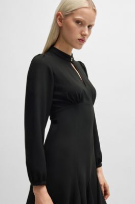 Crepe dress with buttoned stand collar, Black
