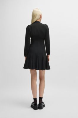 Crepe dress with buttoned stand collar, Black