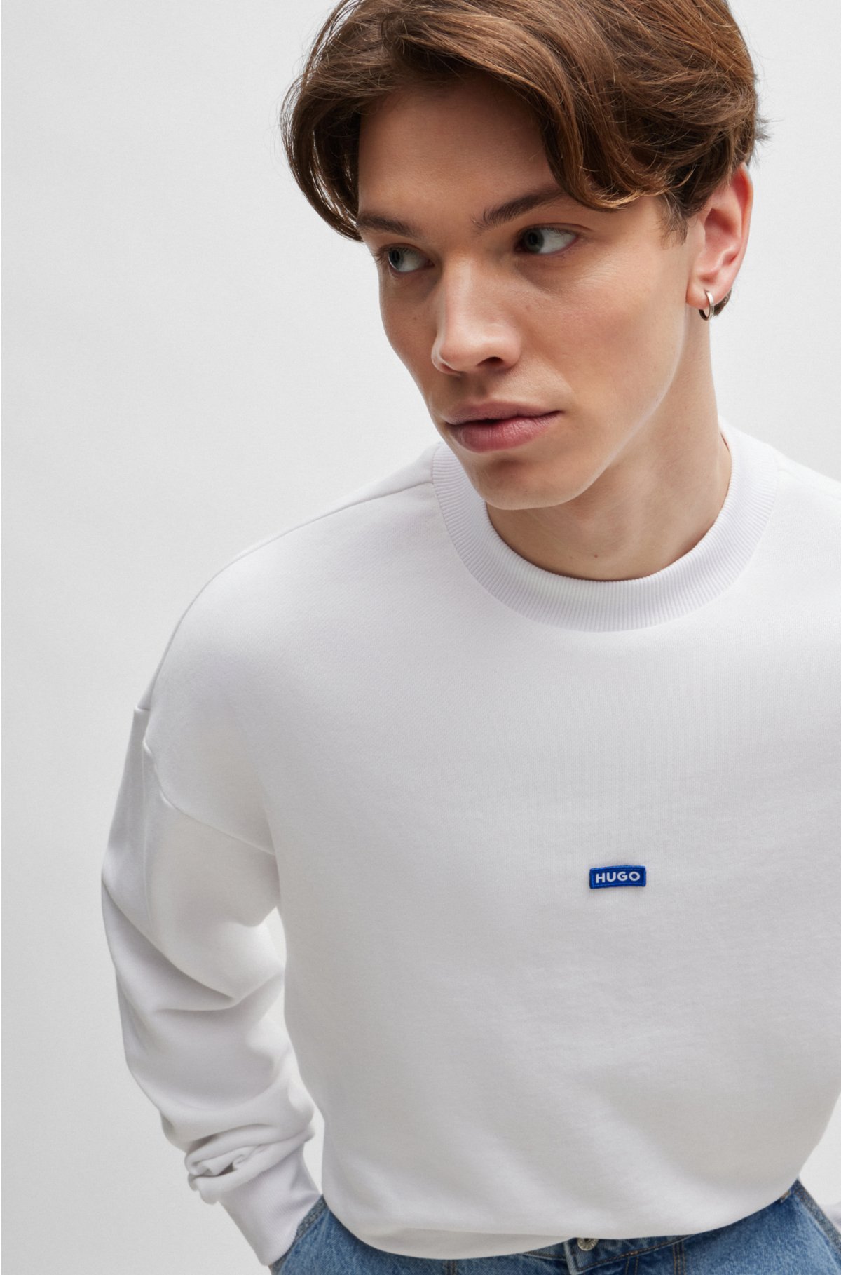 Cotton-terry sweatshirt with blue logo label, White