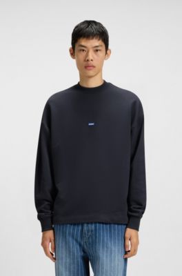 Felpa in terry di cotone con toppa brandizzata blu, Blu scuro