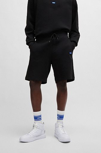 Cotton-terry shorts with blue logo patch, Black